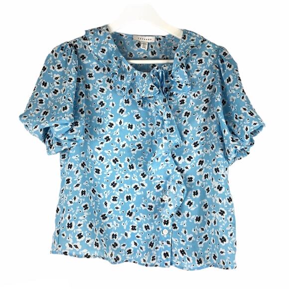 TOPSHOP Blue Floral Ruffle Tea Top Blouse 2 NWT - Picture 2 of 7